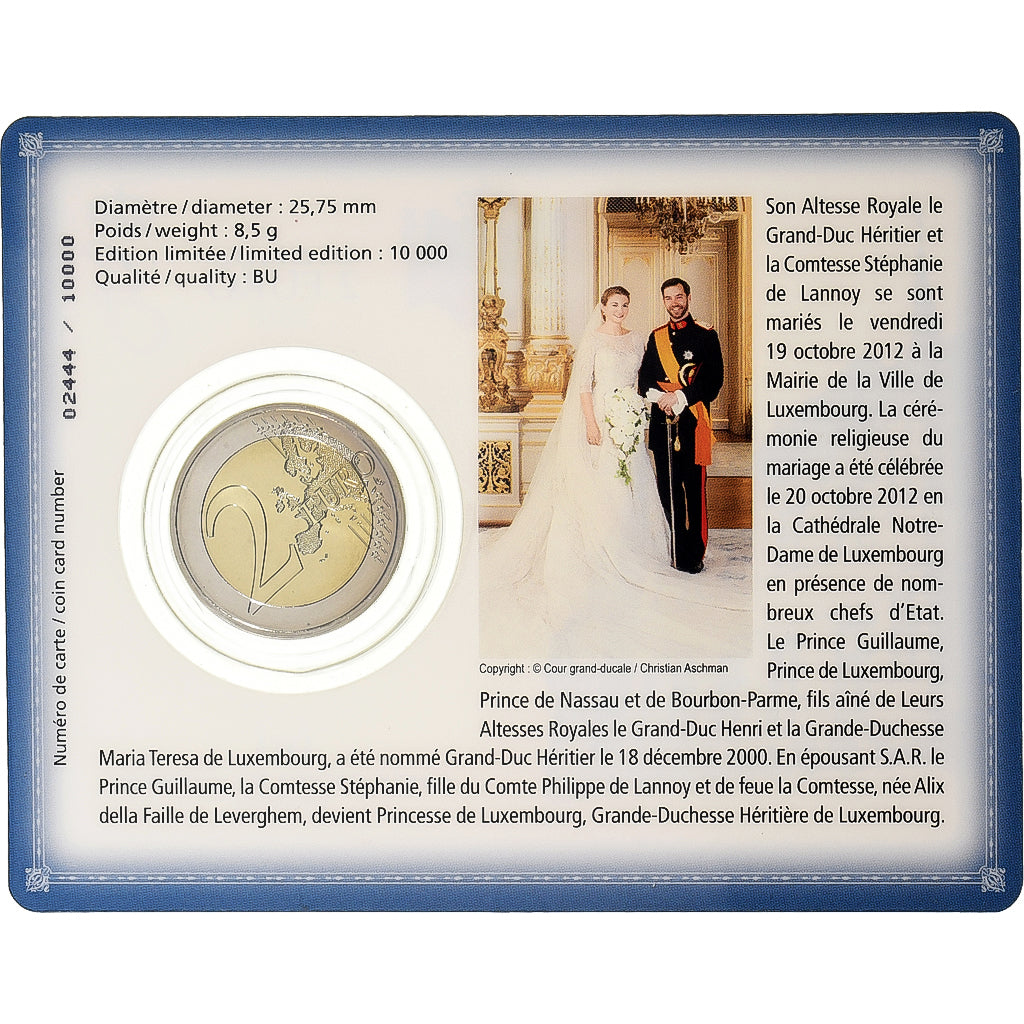 Luxembourg, 2 Euro, mariage princier, Coin card, 2012, Bi-Metallic, MS(65-70)