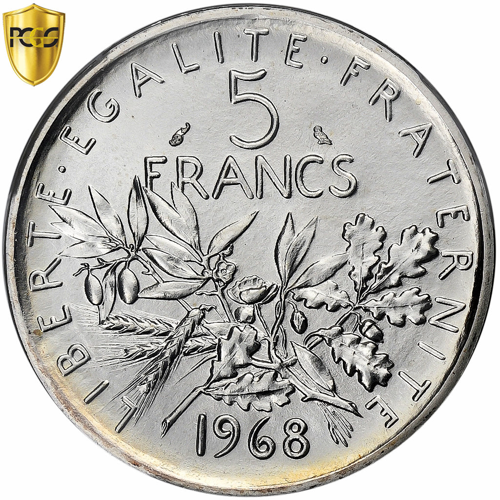 France, 5 Francs, Semeuse, 1968, Paris, Silver, PCGS, MS67, Gadoury:770