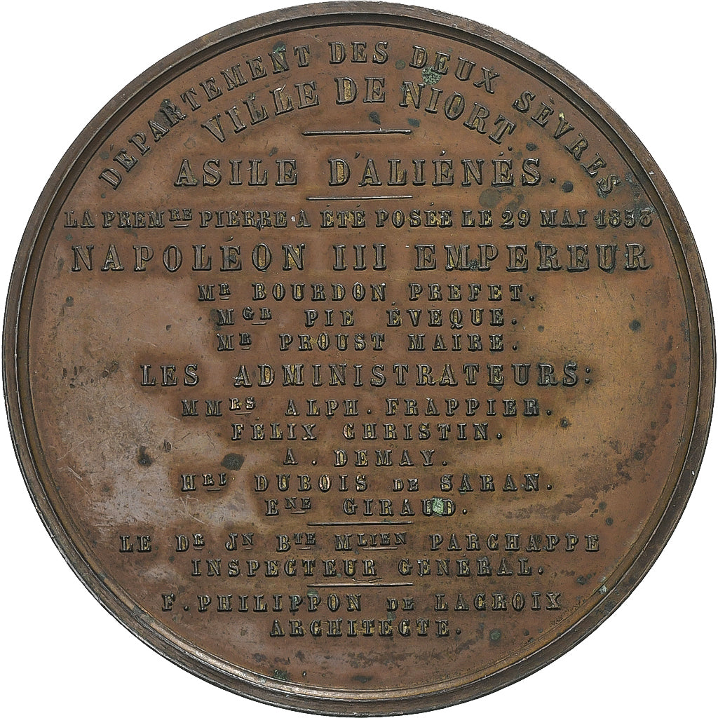 France, Medal, Napoléon III, Asile d'Aliénés, Niort, 1855, Copper, Caqué