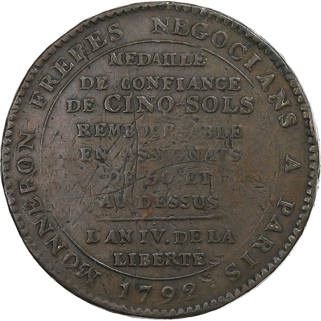 France, Monneron de 5 Sols, 1792 / AN 4, Birmingham, Bronze, TB