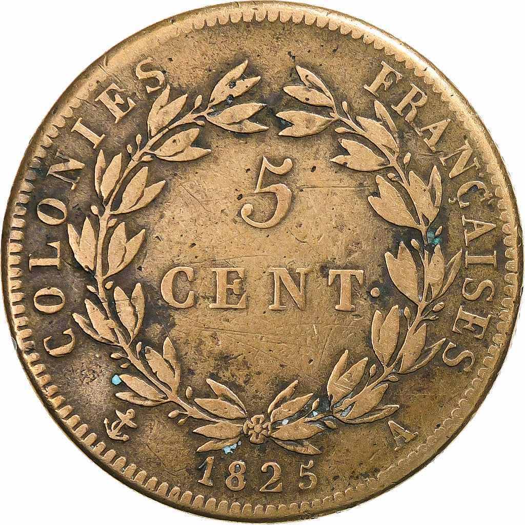 Colonie francesi, Charles X, 5 Centimes, 1825, Paris, Bronzo, MB+