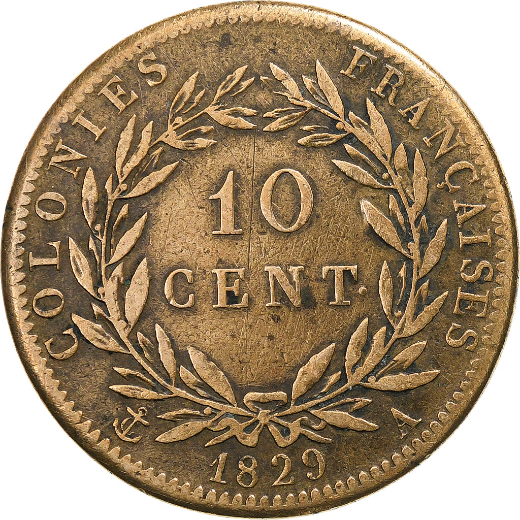 Colonies françaises, Charles X, 10 Centimes, 1829, Paris, Bronze, TB+