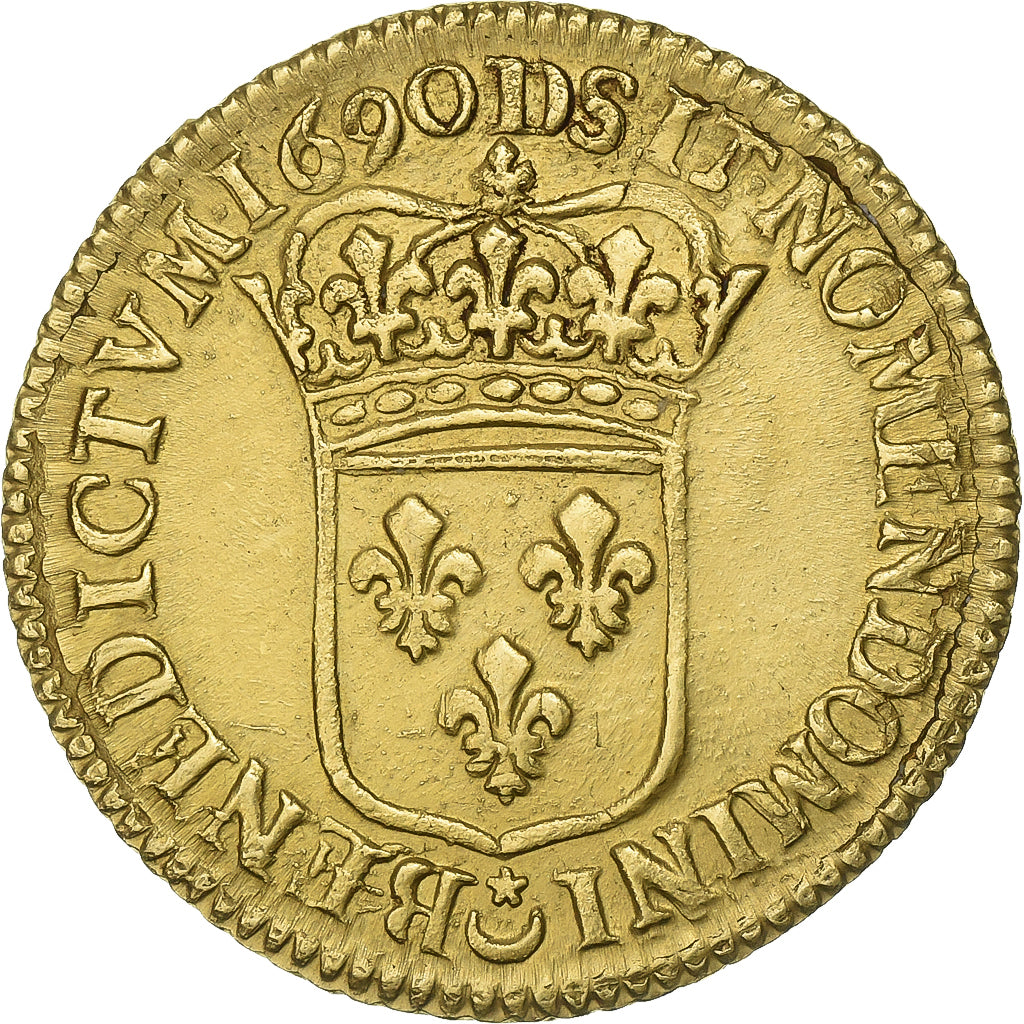 France, Louis XIV, Louis d'or à l'écu, 1690, Lyon, reformed, Gold, AU(50-53)