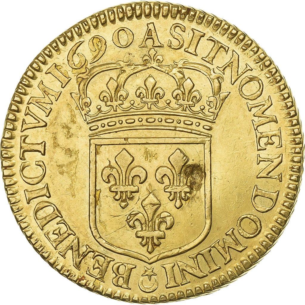France, Louis XIV, Double louis d'or à l'écu, 1690, Paris, Gold, AU(50-53)