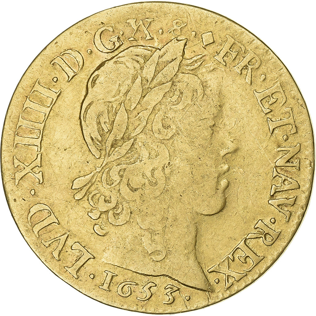 Francia, Louis XIV, Louis d'or à la mèche longue, 1653, Lyon, Oro, MB+