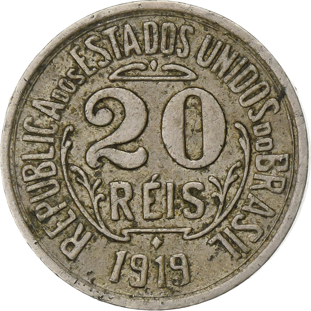 Brasil, 20 Reis, Liberty, 1919, Cobre-níquel, AU(50-53)