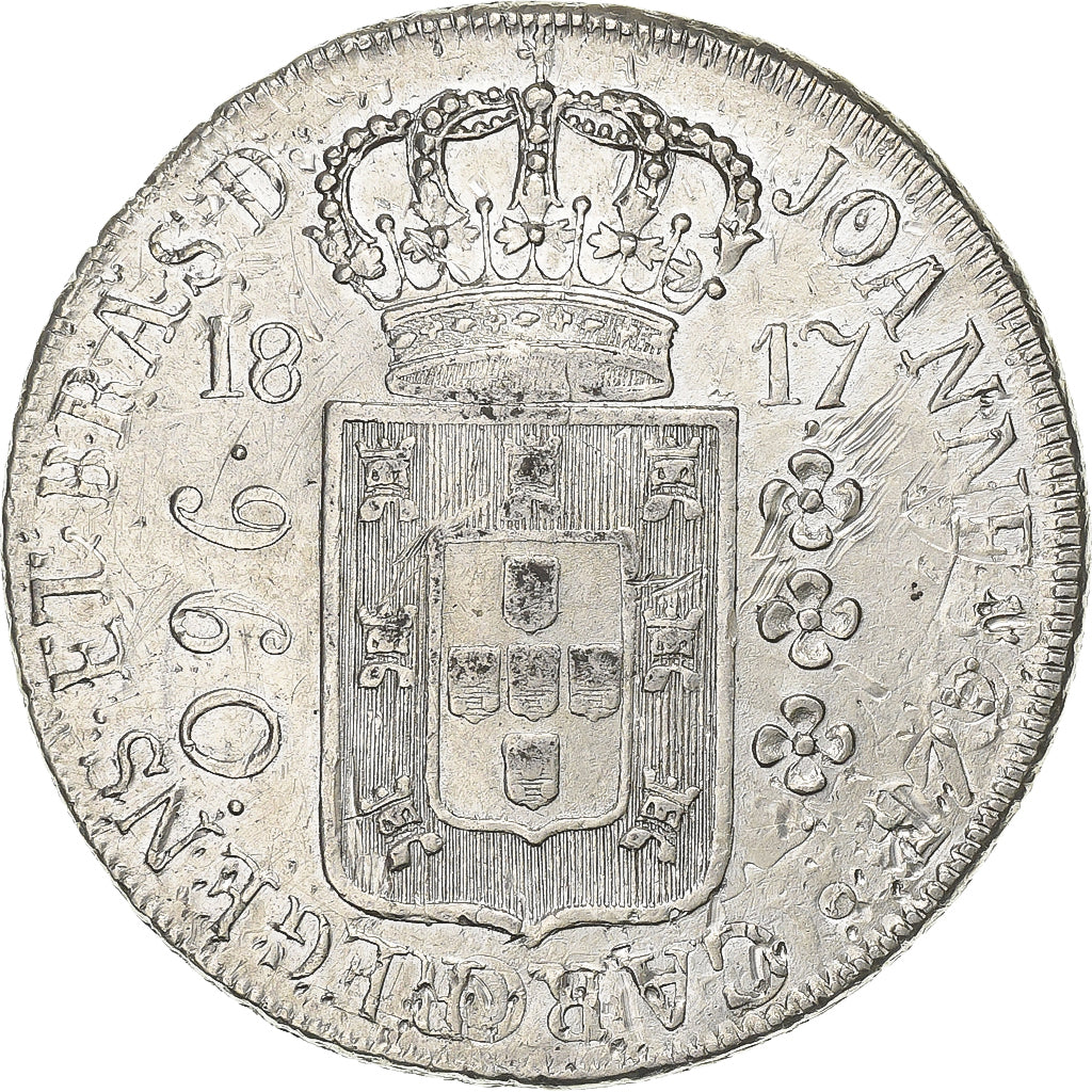 Brasile, João VI, 960 Reis, 1817, Rio de Janeiro, Overstruck, Argento, BB