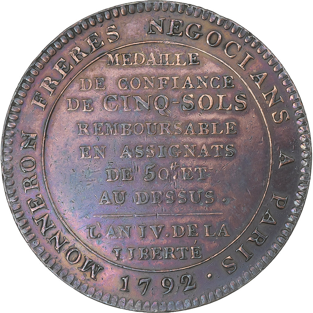 Francia, Monneron de 5 Sols, 1792 / AN 4, Birmingham, Bronzo, BB+