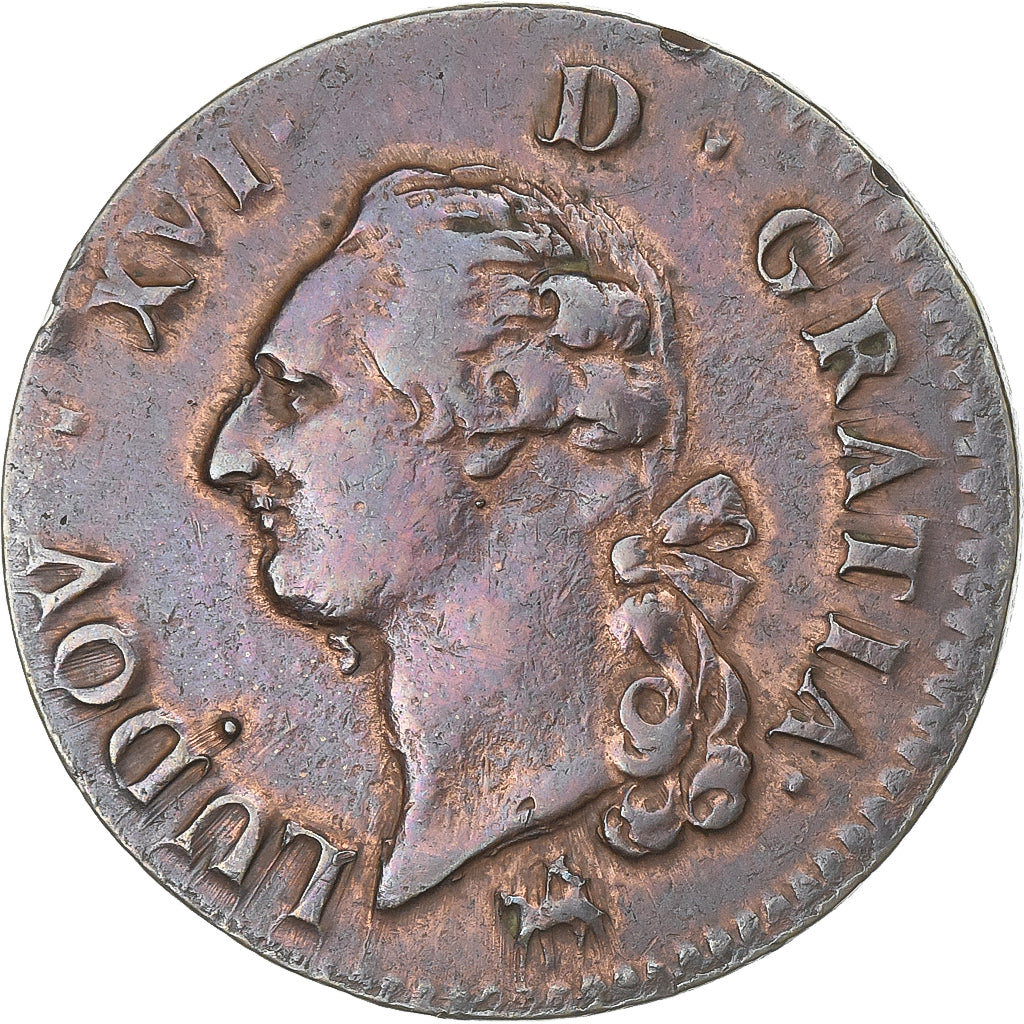 Francja, Louis XVI, Sol, 1791, Rouen, Miedź, EF(40-45), Gadoury:350