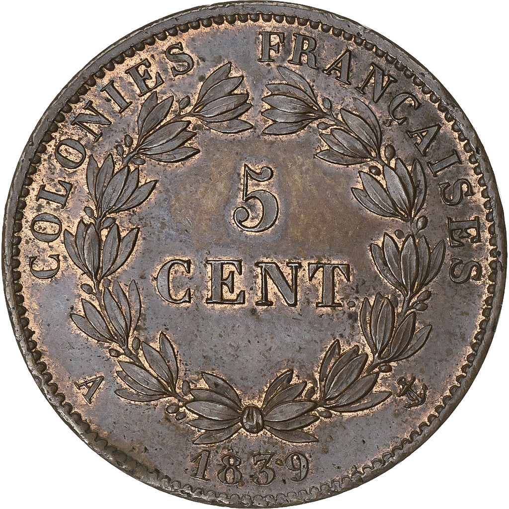 French Colonies, Louis Philippe I, 5 Centimes, 1839, Paris, Bronze, MS(60-62)