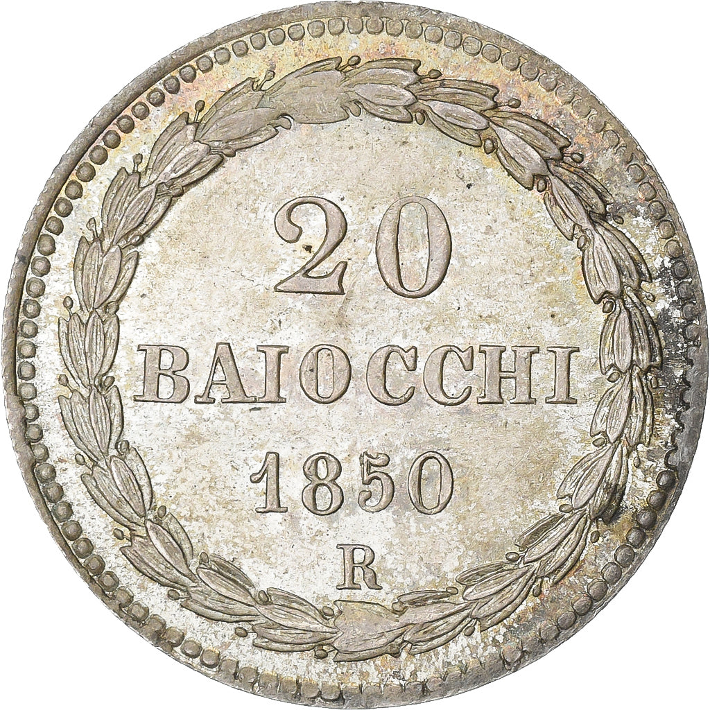 Papal States, Pius IX, 20 Baiocchi, 1850, Rome, Silber, UNZ