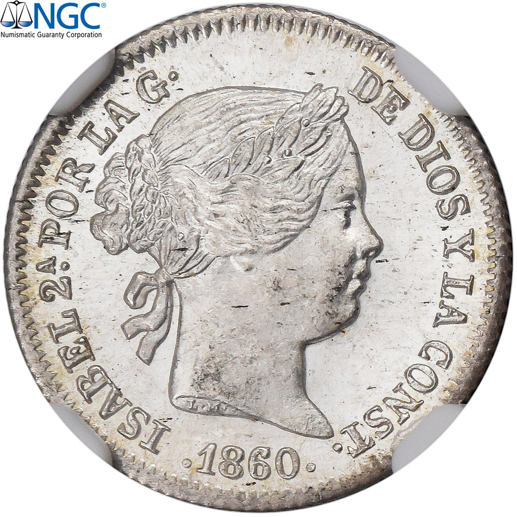 Spagna, Isabel II, 1 Réal, 1860, Madrid, Argento, NGC, MS65