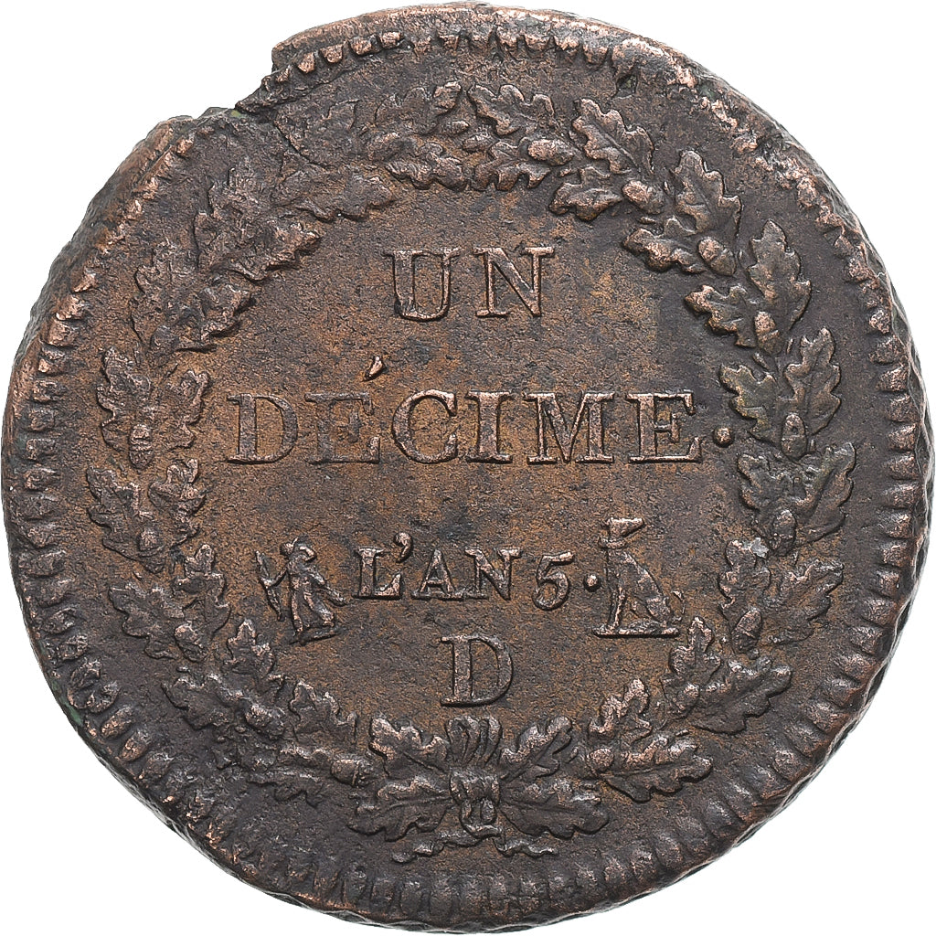 France, 1 Décime, Dupré, AN 5, Lyon, Bronze, TTB+