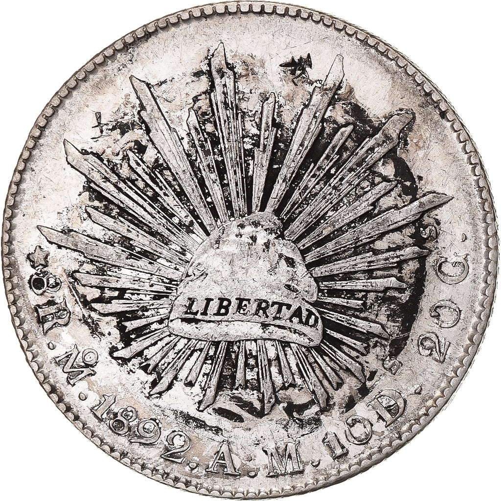 México, 8 Reales, 1892, Mexico City, Chinese Ink, Prata, AU(50-53)