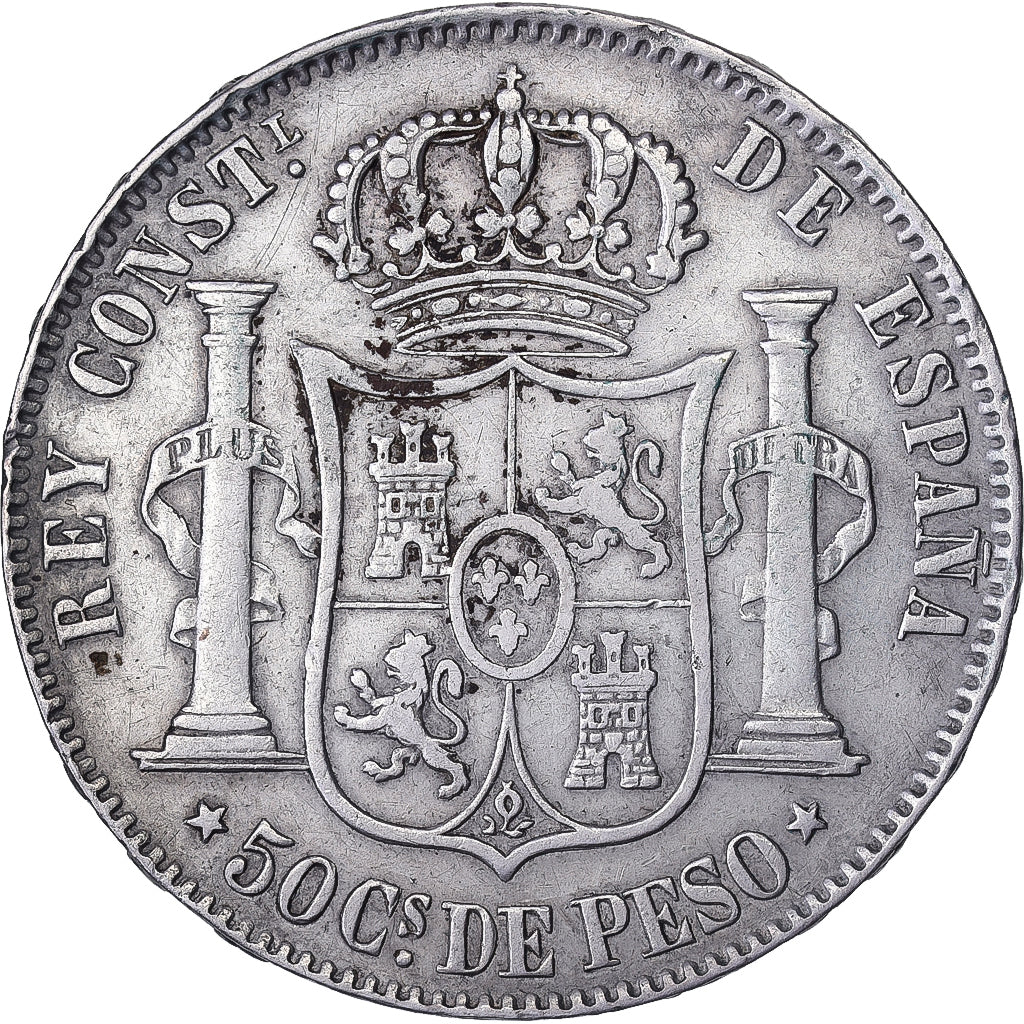 Philippines, Alfonso XII, 50 Centimos, 1885, Manila, Silver, AU(50-53)