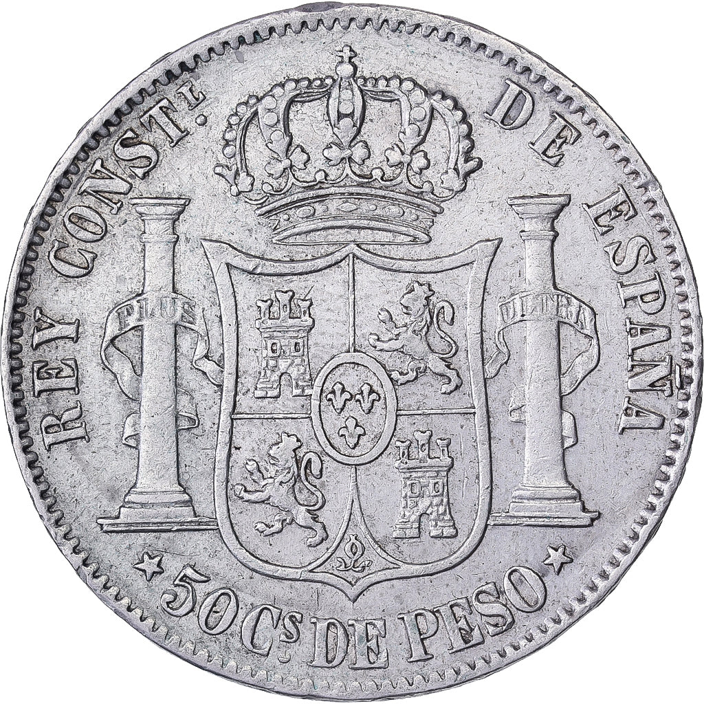 Philippines, Alfonso XII, 50 Centimos, 1885, Manila, Silver, AU(50-53)