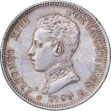 Spain, Alfonso XIII, 2 Pesetas, 1905, Madrid, Silver, AU(55-58)