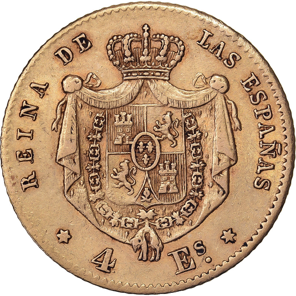 Spain, Isabel II, 4 Escudos, 1865, Madrid, Gold, AU(50-53)