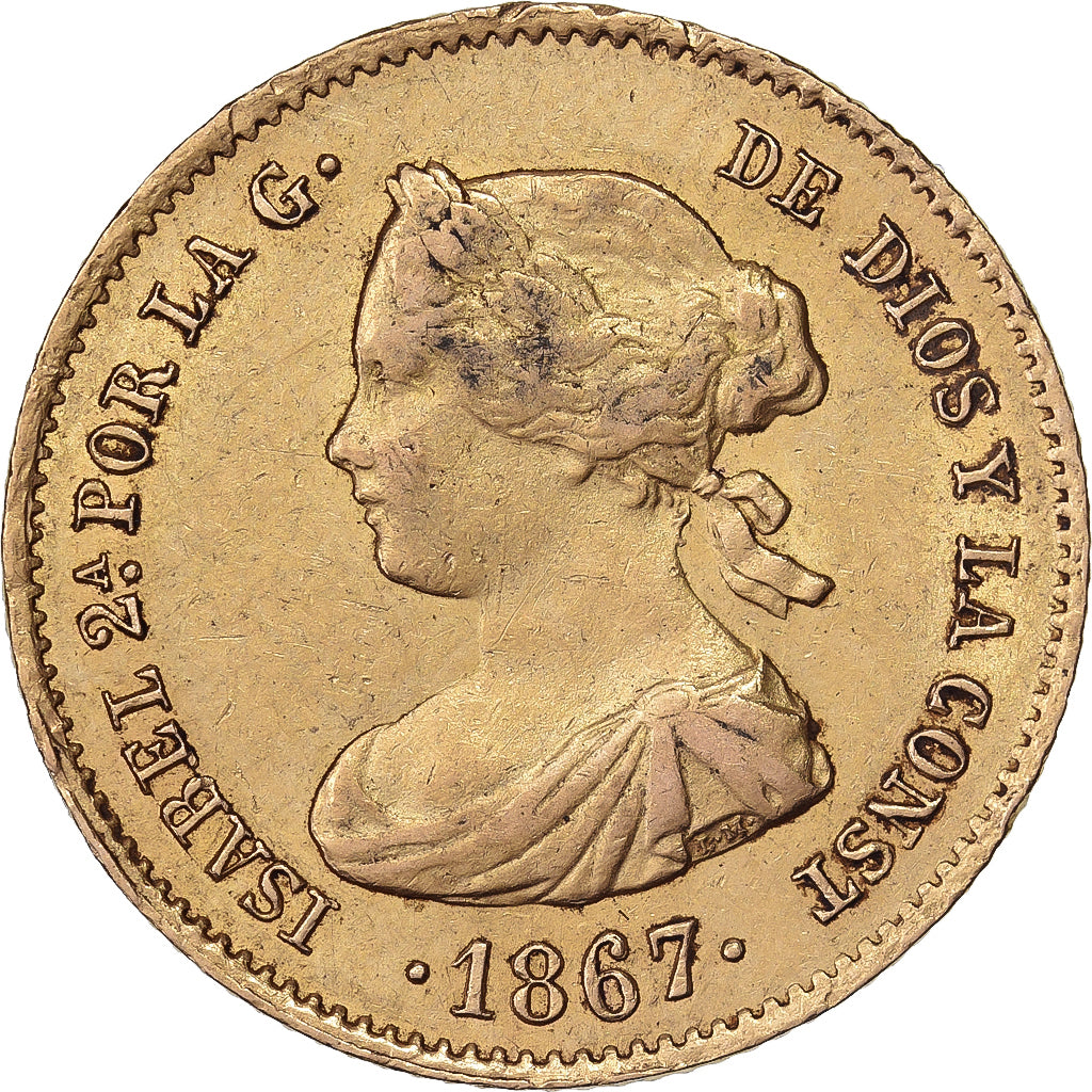 Spain, Isabel II, 4 Escudos, 1867, Madrid, Gold, AU(50-53)