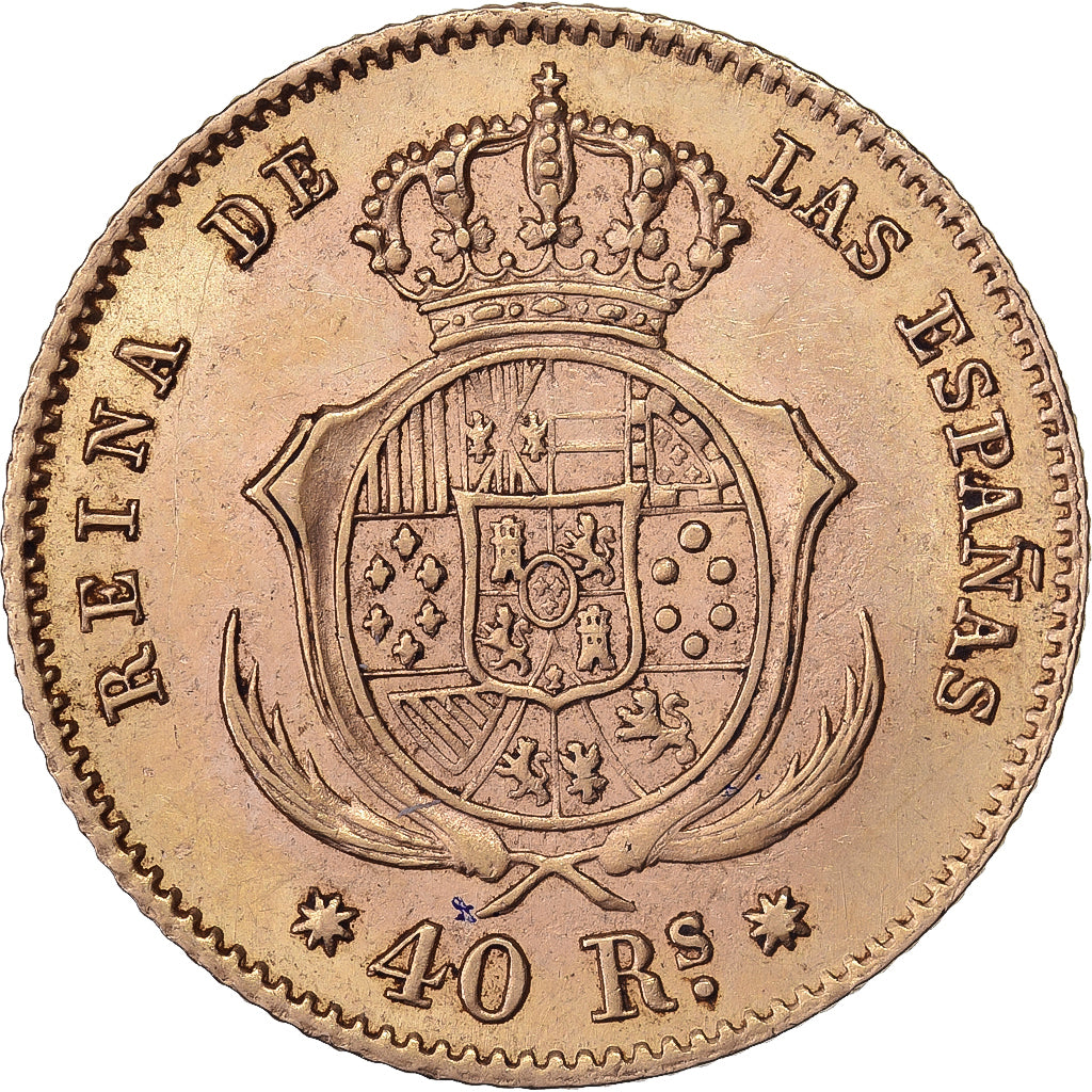 Espanha, Isabel II, 40 Reales, 1863, Barcelona, Dourado, AU(55-58)