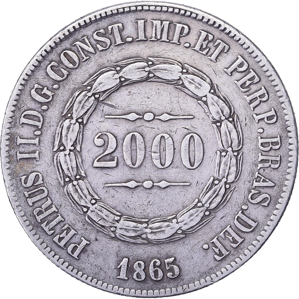 Brasile, Pedro II, 2000 Reis, 1865, Rio de Janeiro, Argento, BB