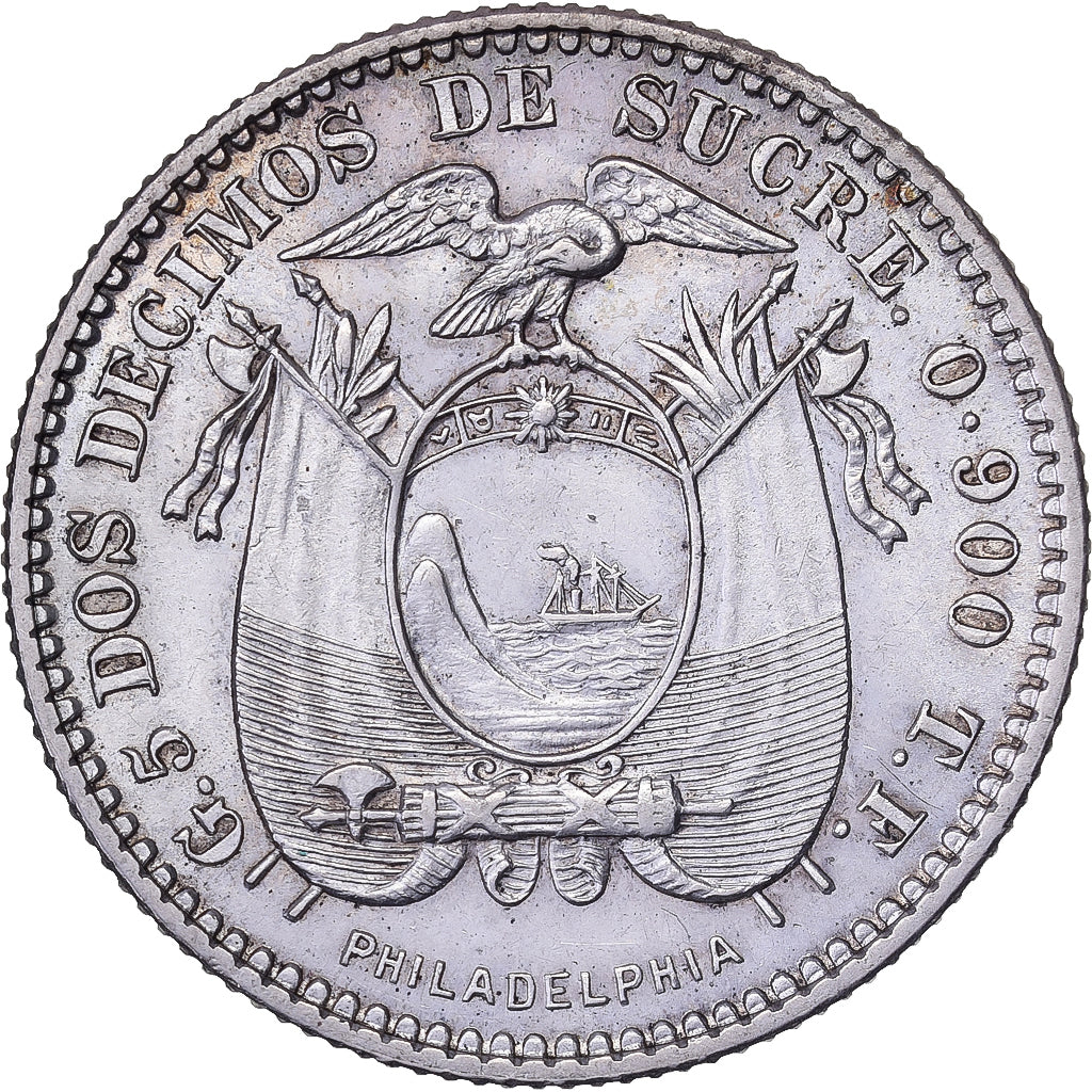 Ecuador, 2 Decimos, 1916, Philadelphia, Silver, AU(55-58)
