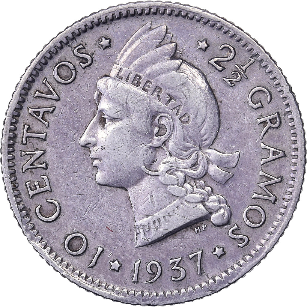 Dominican Republic, 10 Centavos, 1937, Silver, AU(50-53)