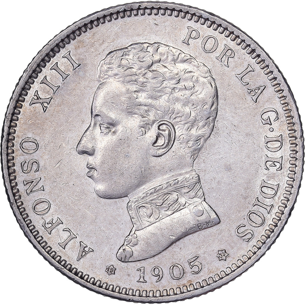 Spain, Alfonso XIII, 2 Pesetas, 1905, Madrid, Silver, AU(55-58)