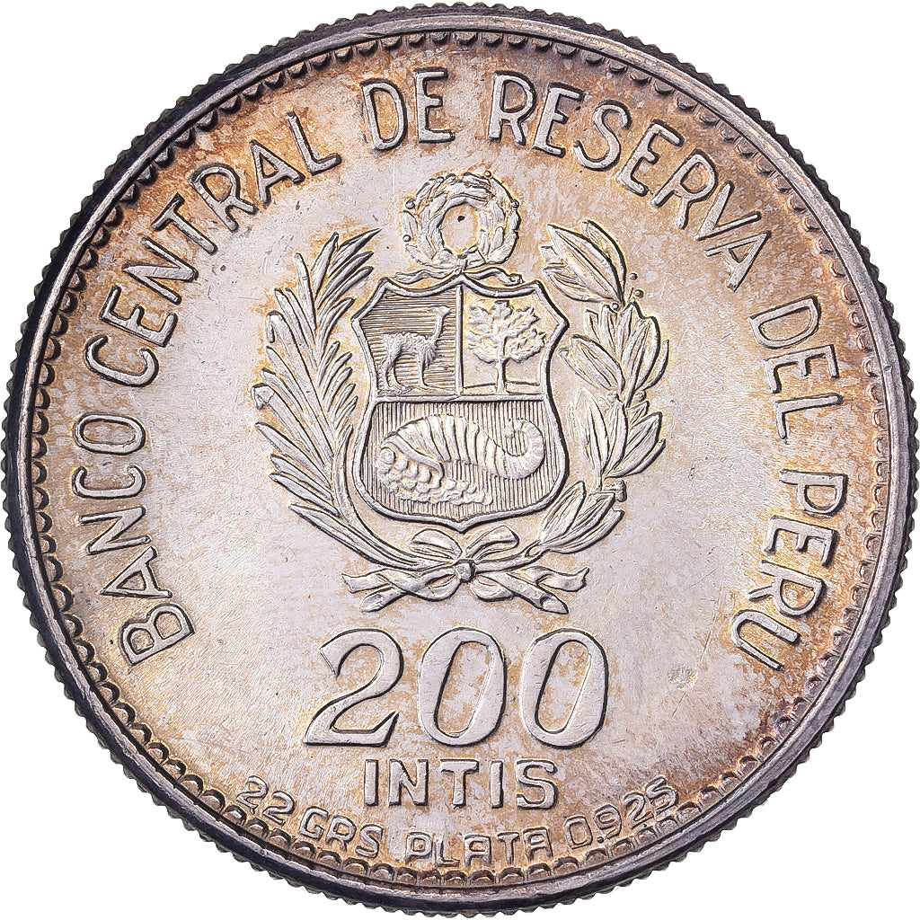 Pérou, 200 Intis, Marshal Caceres, 1986, Lima, Argent, SUP+