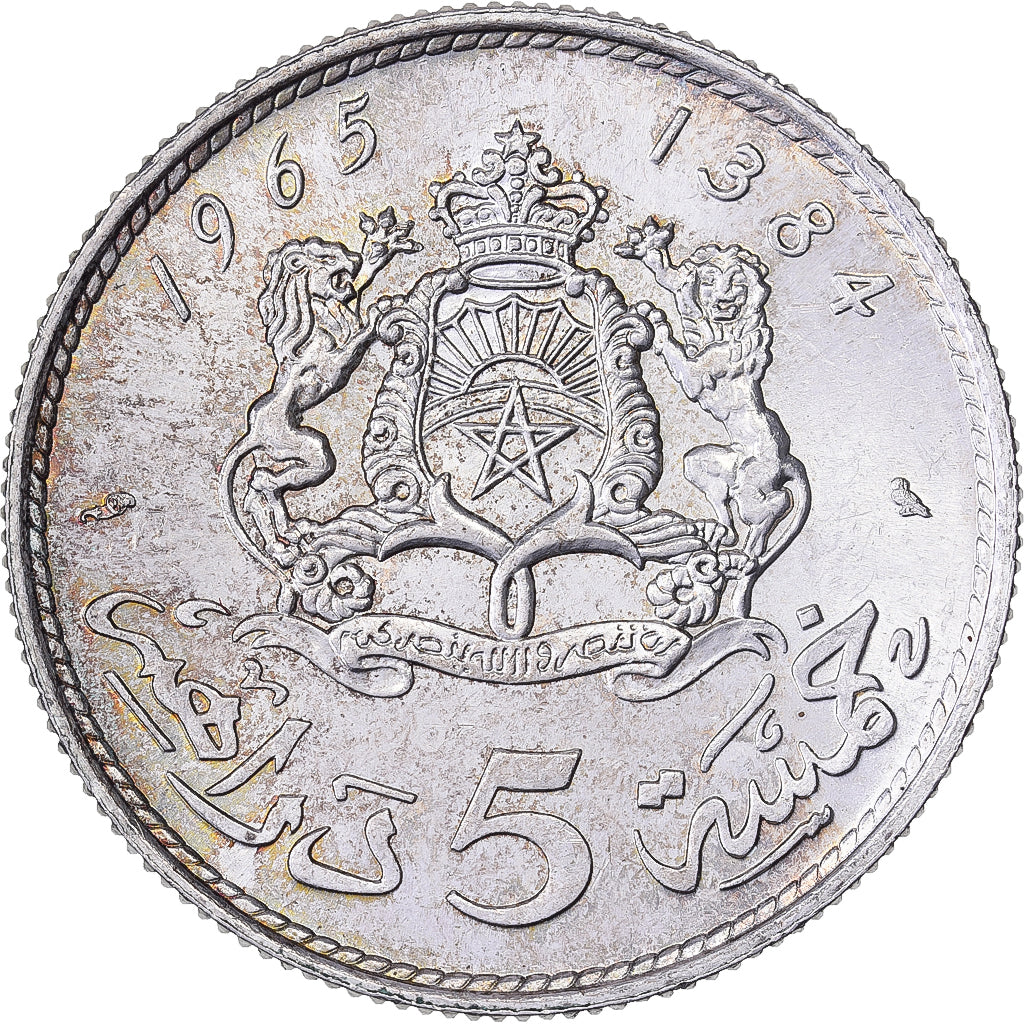 Morocco, Hassan II, 5 Dirhams, 1965/AH1384, Paris, Silver, MS(60-62)