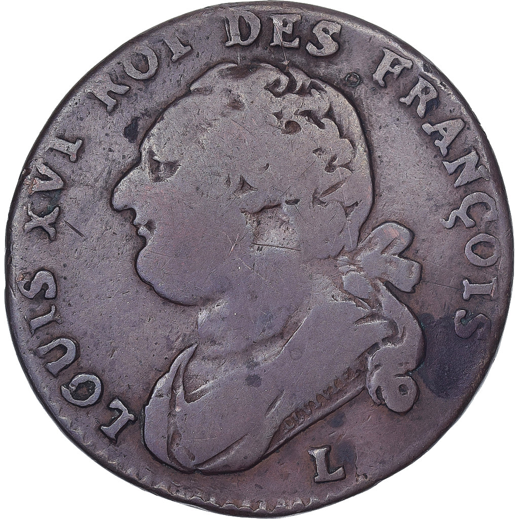 France, Louis XVI, 12 deniers françois, 1793·4, Bayonne, Cuivre, TB