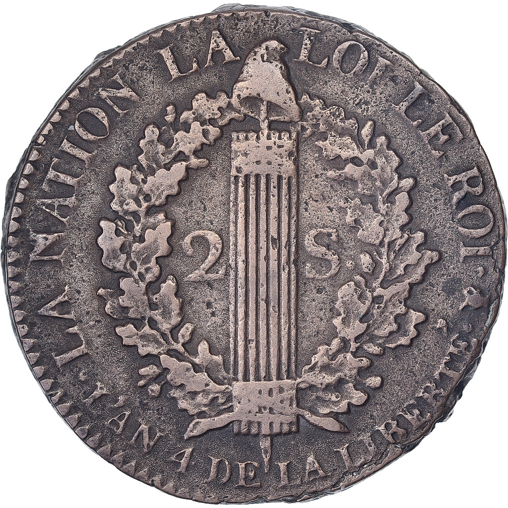 Francja, Louis XVI, 2 Sols, 1792 / AN 4, La Rochelle, Brązowy, AU(50-53)