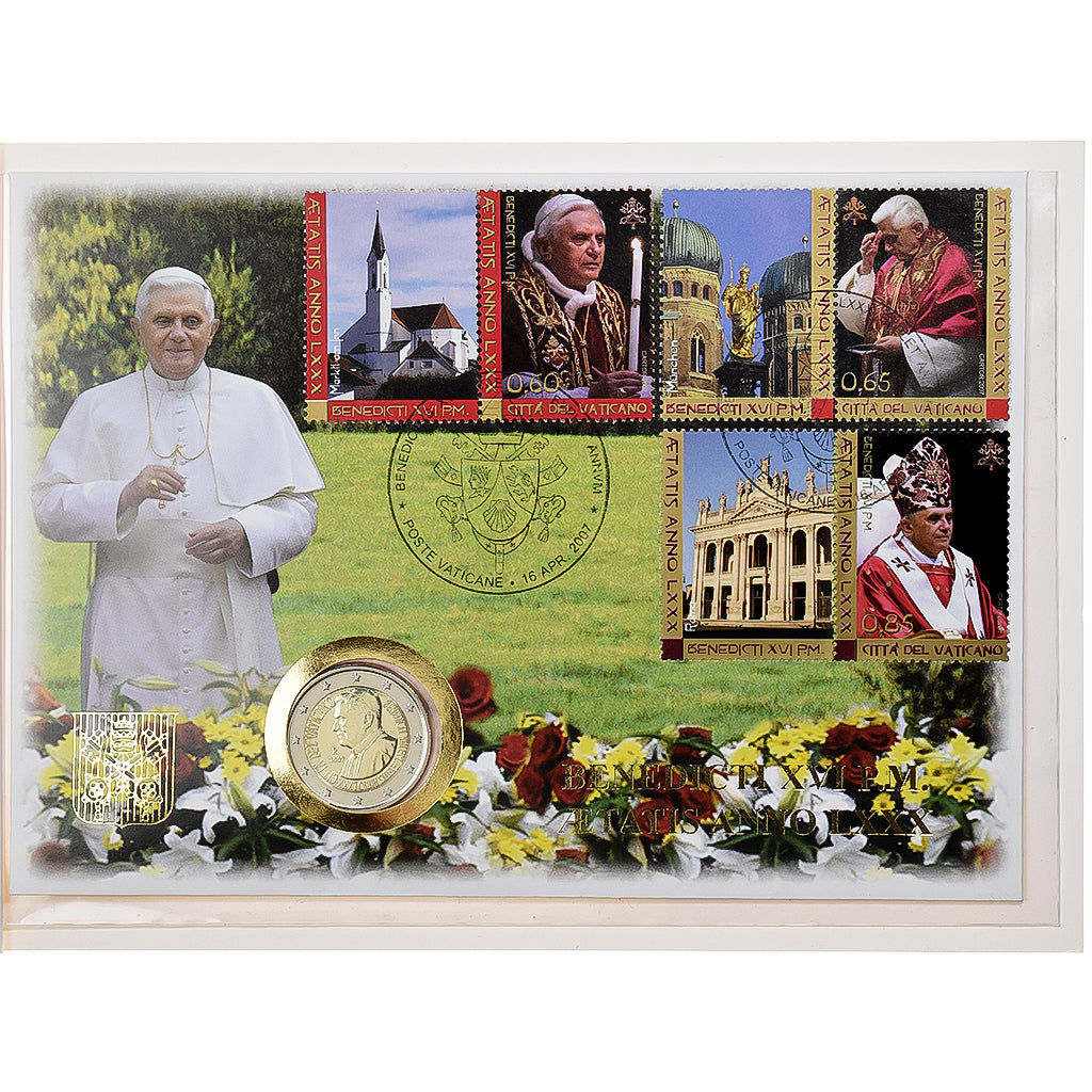 Vatican, 2 Euro + Stamp, 80th birthday Pope Benedict XVI, 2007, Rome