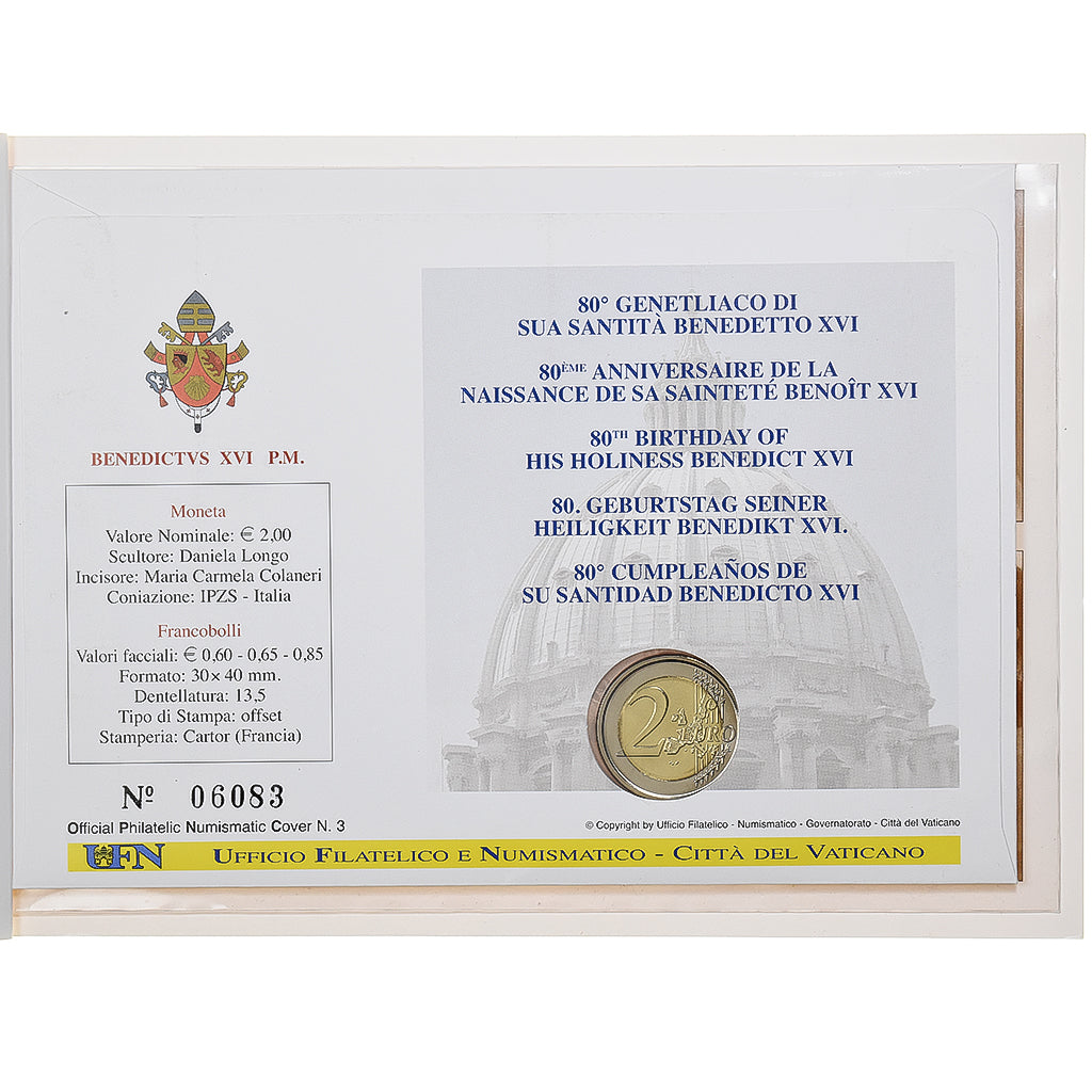 Vatican, 2 Euro + Stamp, 80th birthday Pope Benedict XVI, 2007, Rome