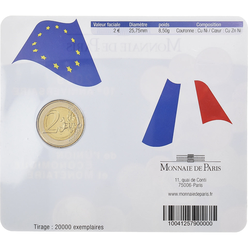 France, 2 Euro, 10 Years of EMU, BU, 2009, MDP, Bi-Metallic, MS(65-70)