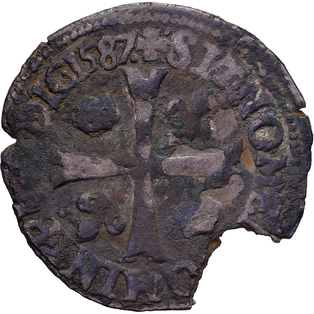 França, Henri III, Douzain aux deux H, 1587, Rouen, Lingote, F(12-15)