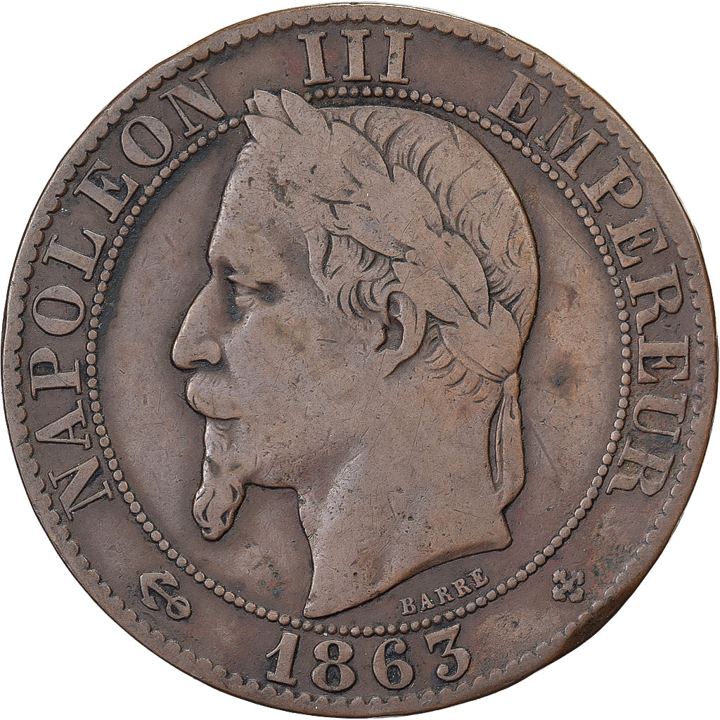 Francia, Napoleon III, 5 Centimes, 1863, Strasbourg, Bronzo, MB+, Gadoury:155