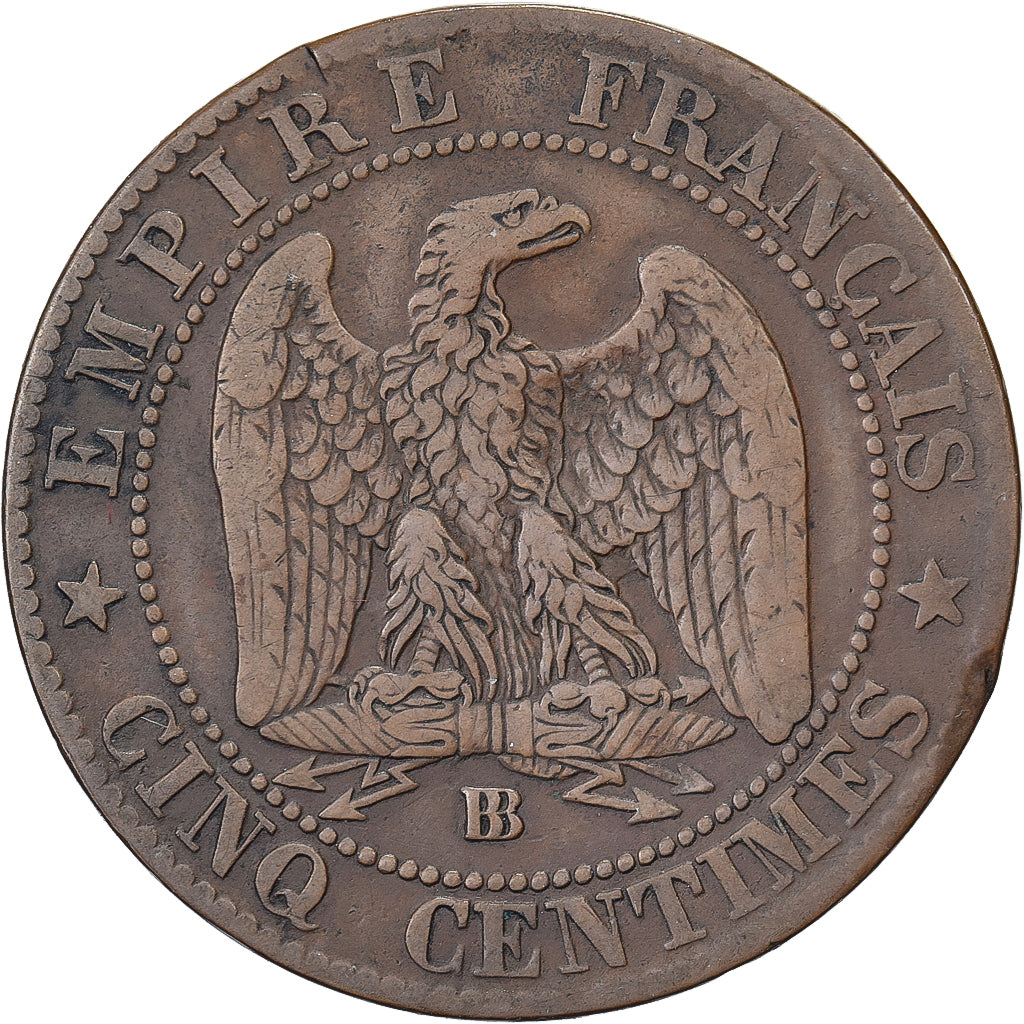 Francia, Napoleon III, 5 Centimes, 1863, Strasbourg, Bronzo, MB+, Gadoury:155