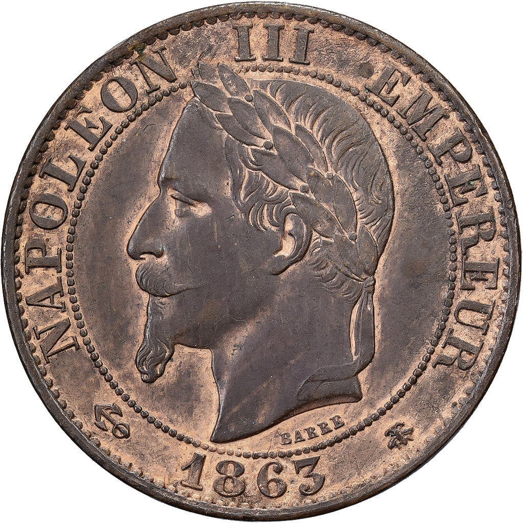 France, Napoleon III, 5 Centimes, 1863, Paris, Bronze, AU(55-58), Gadoury:155