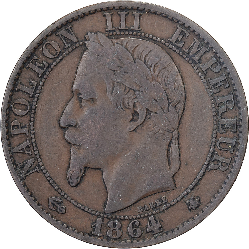 Francja, Napoleon III, 5 Centimes, 1864, Paris, Brązowy, VF(30-35), Gadoury:155