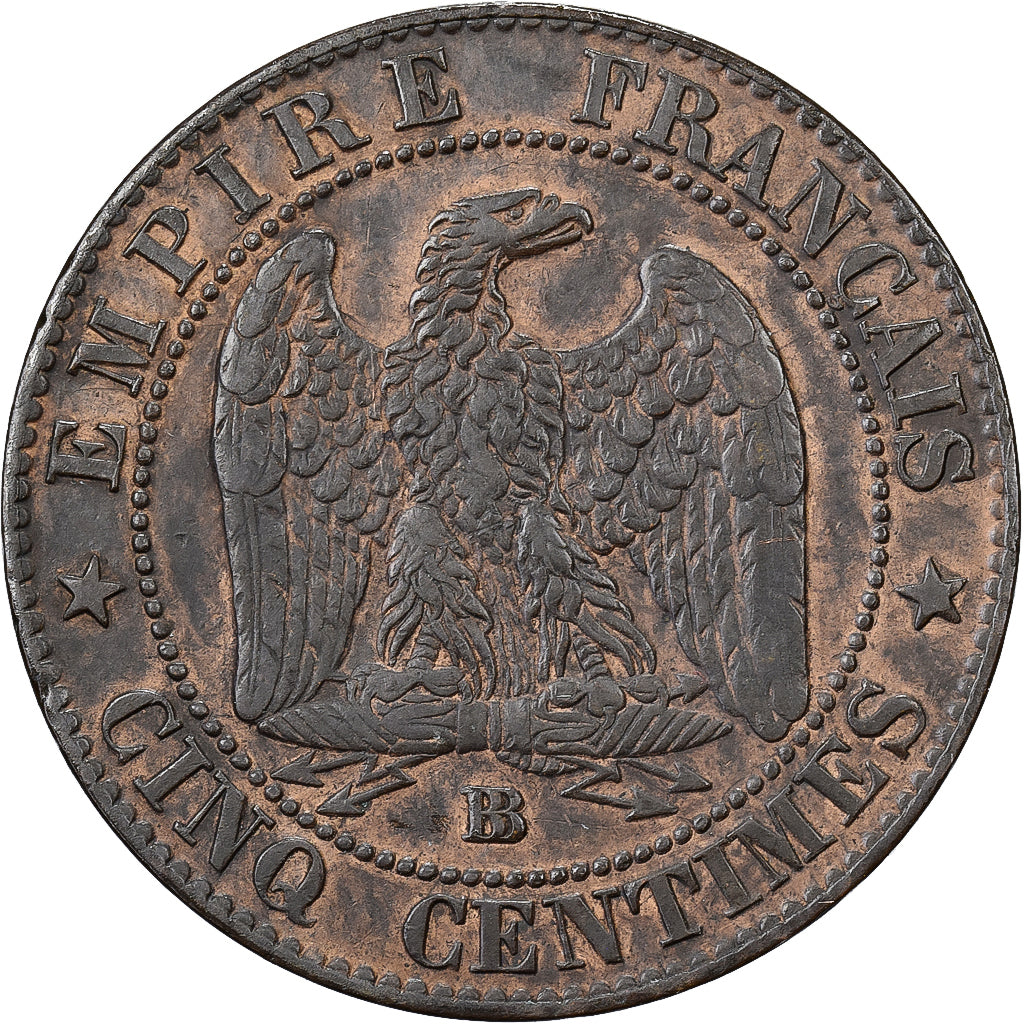 Francja, Napoleon III, 5 Centimes, 1854, Strasbourg, Brązowy, AU(50-53)