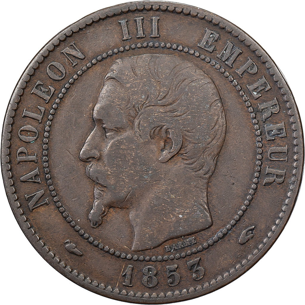 Francia, Napoleon III, 10 Centimes, 1853, Paris, Bronzo, MB+, Gadoury:248
