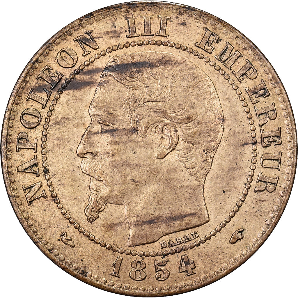 Francja, Napoleon III, 2 Centimes, 1854, Paris, Brązowy, MS(60-62), Gadoury:103