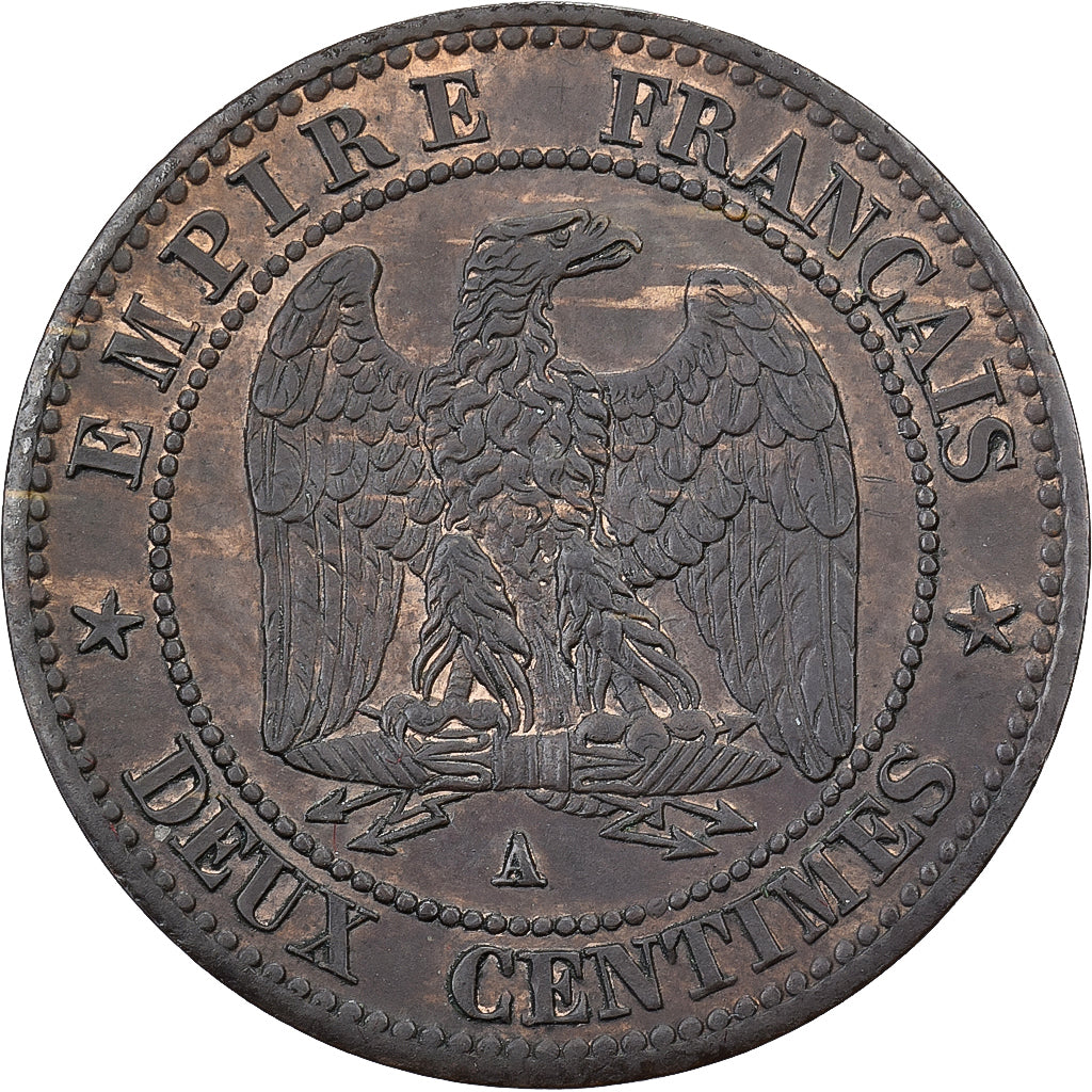 Francja, Napoleon III, 2 Centimes, 1854, Paris, Brązowy, MS(60-62), Gadoury:103