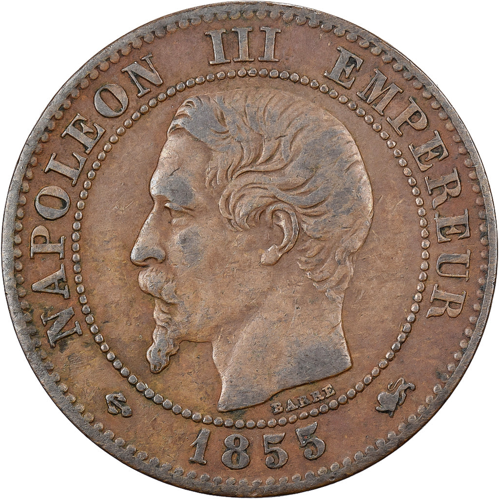Francja, Napoleon III, 2 Centimes, 1855, Lyon, Anchor, Small lion, Brązowy