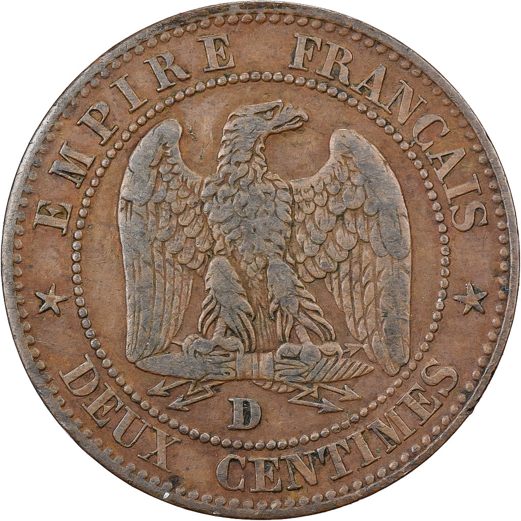 Francja, Napoleon III, 2 Centimes, 1855, Lyon, Anchor, Small lion, Brązowy