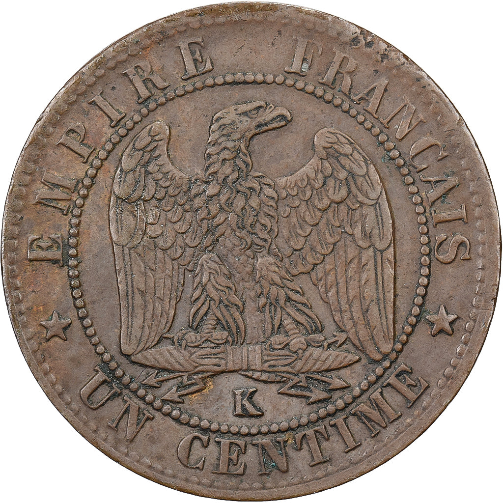 Francja, Napoleon III, 1 Centime, 1862, Bordeaux, Brązowy, AU(50-53)