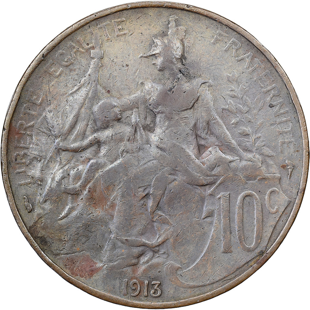 Francia, 10 Centimes, Daniel-Dupuis, 1913, Paris, Bronce, BC+, Gadoury:277