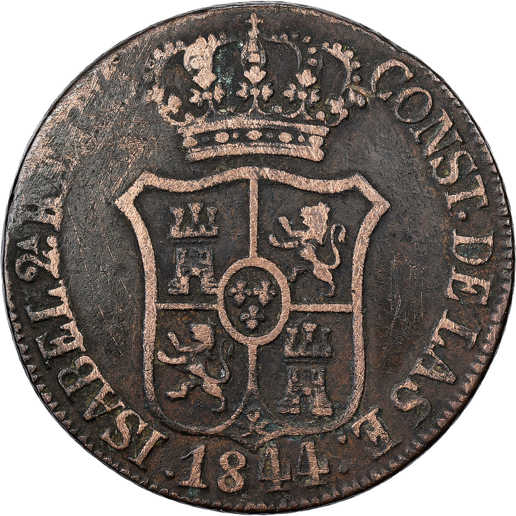 Principality of Catalonia, Isabel II, 6 Quartos, 1844, Barcelona, Copper