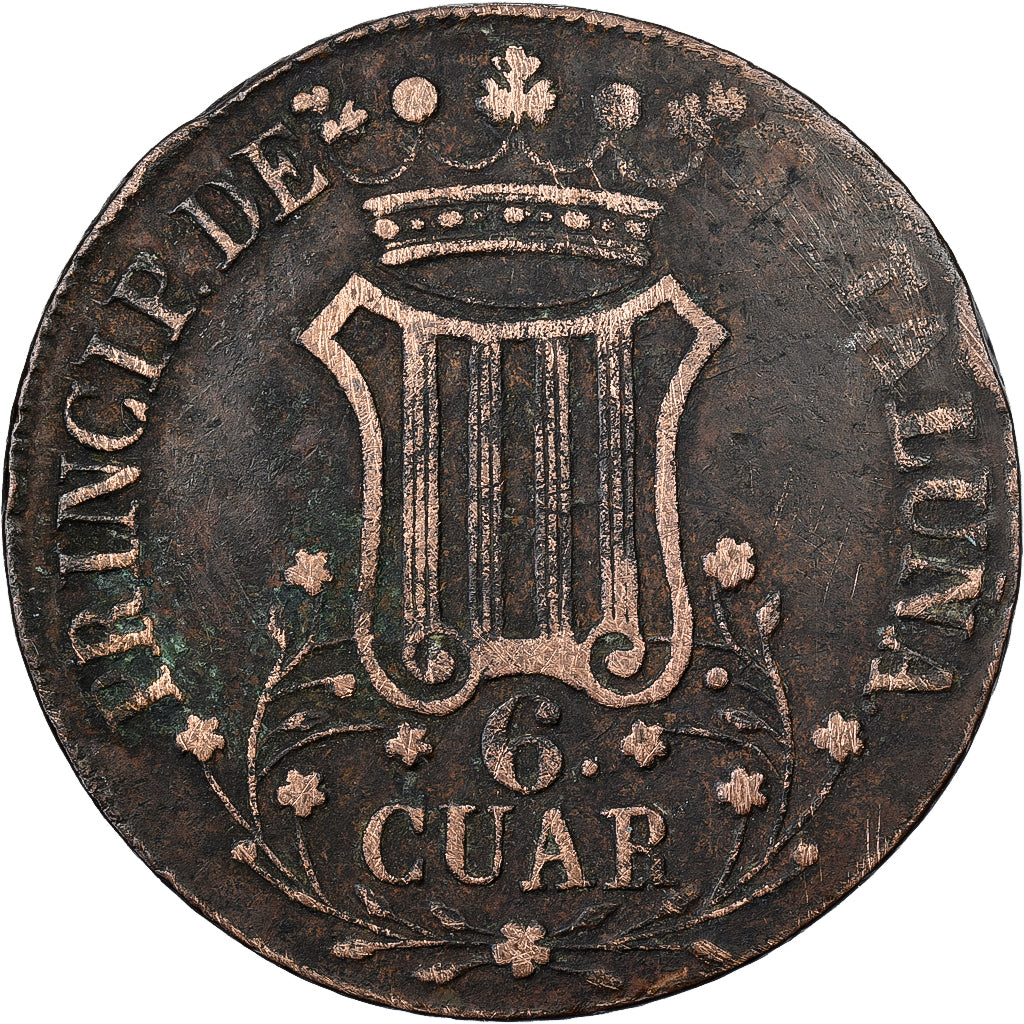 Principality of Catalonia, Isabel II, 6 Quartos, 1844, Barcelona, Copper